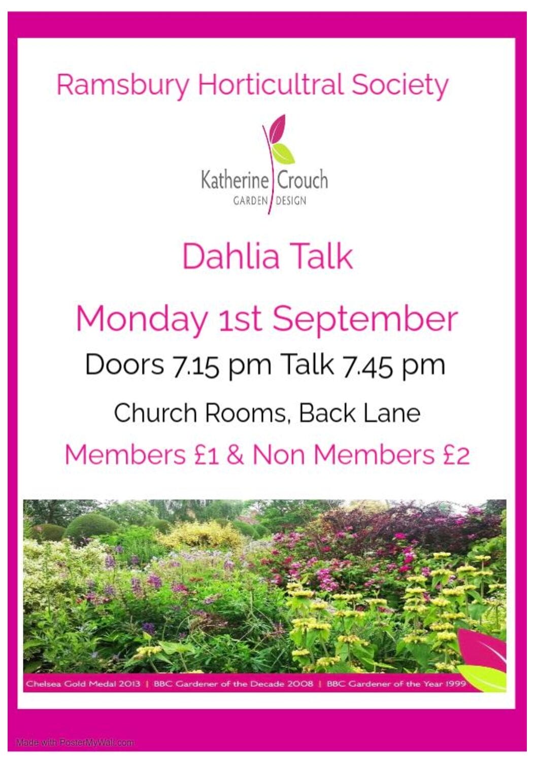 Katherine is addicted to dahlias. She has been clean for 12 years since she grew 40 dahlias in a field and had no end of fun selling them outside her house opposite Donyatt church. She also grew zinnias, cleome, Euphorbia oblongata and golden rod to bulk out the bunches. She will be bringing bunches of her own favourites. Katharine won BBC BBC Gardener of the Year competition in 1999, BBC Gardener of the Decade in 2008 and  also won a Gold medal at Chelsea Flower Show for designing a display for Kings Seeds 125th anniversary.